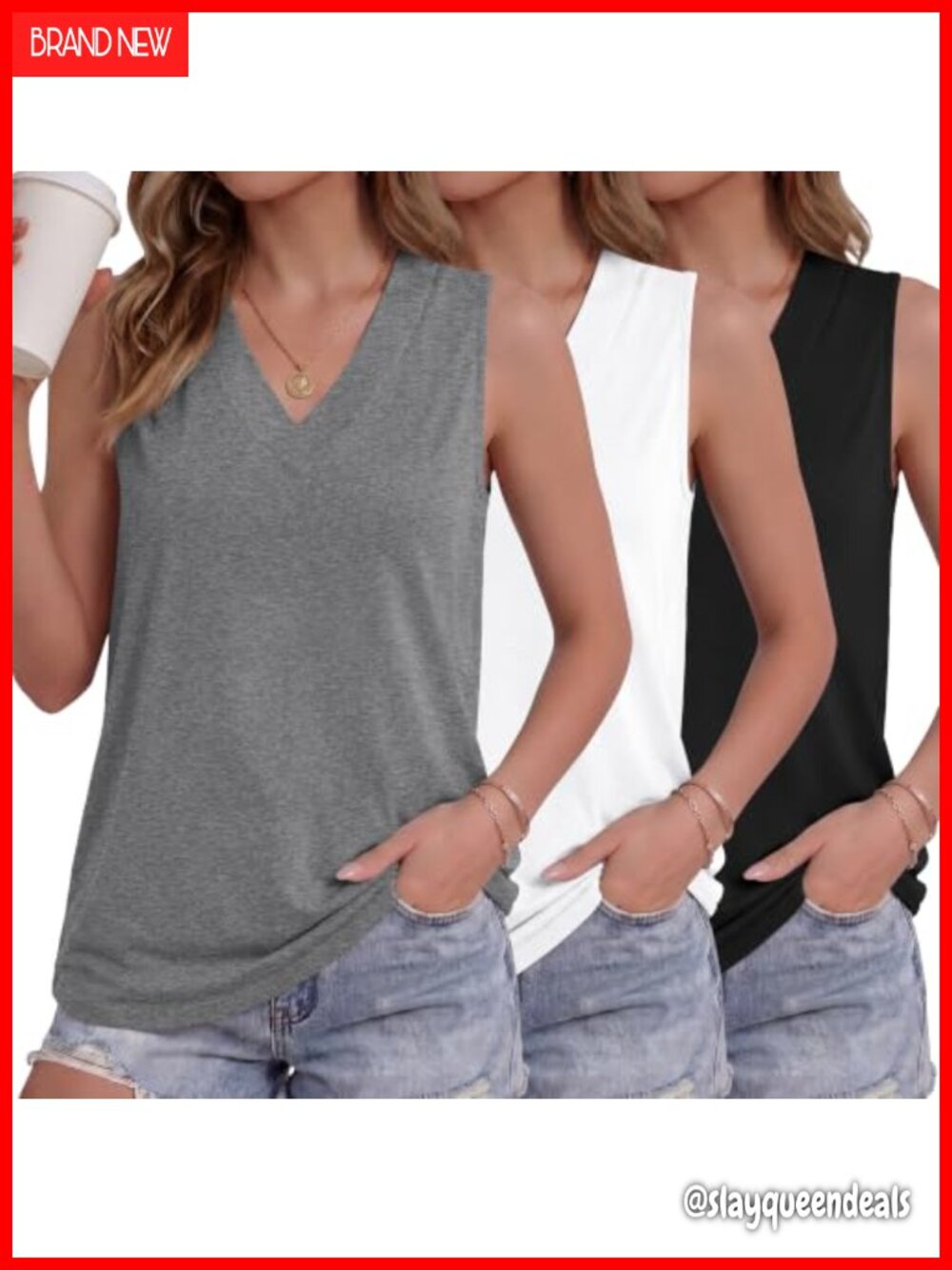 3 Pack Womens V Neck Sleeveless Tank Tops Loose Fit Summer Tops